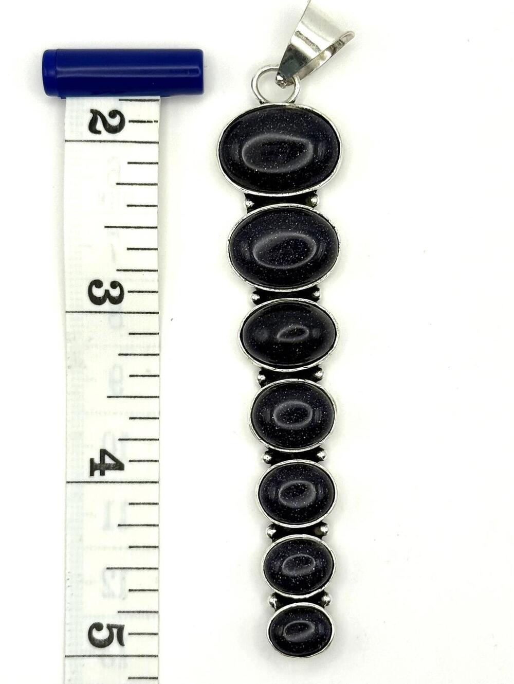 New Genuine Blue sanstone 7 stone vertical Sterling Silver pendant